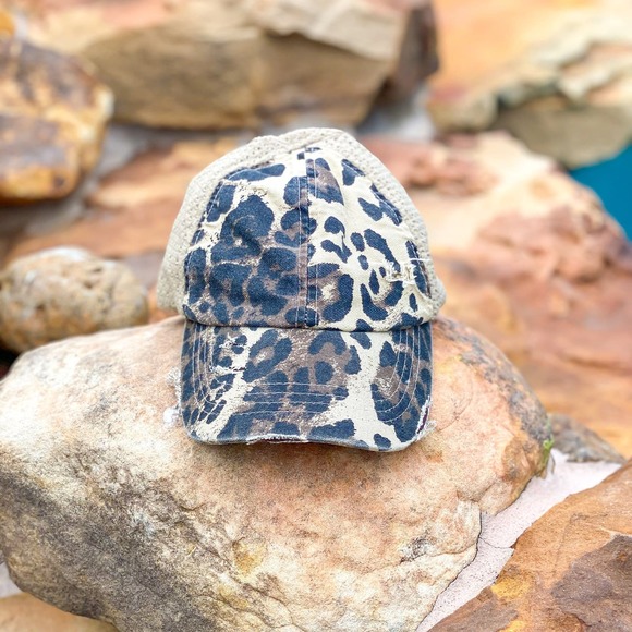 Distressed Leopard with Stretch Mesh High Pony Ball Cap - Picture 4 of 6